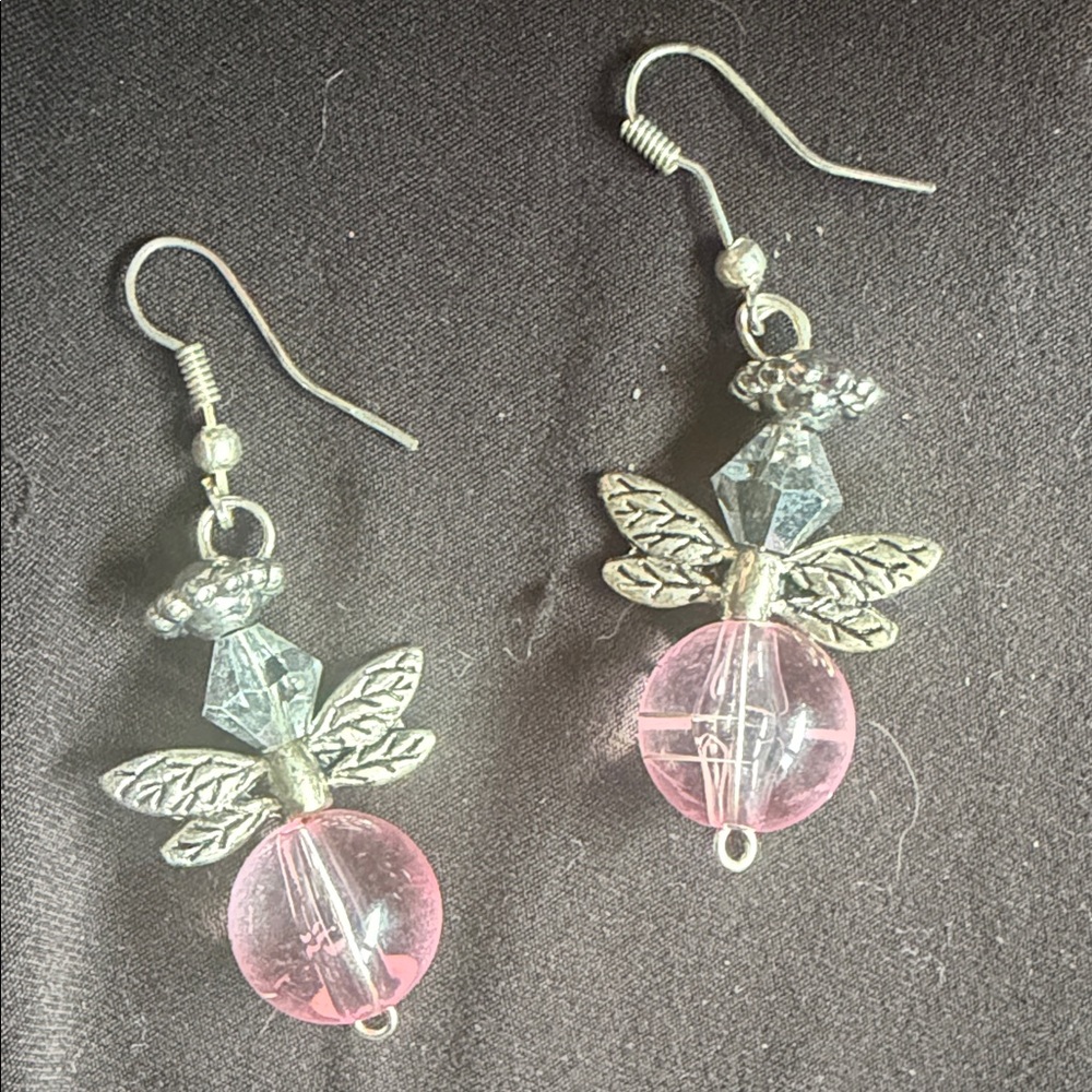 Silver and Pink Angelic Wing Earrings